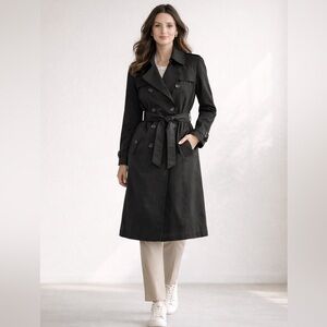 Banana Republic Black Classic Cotton Trench Coat Midi Double Breasted Size Large